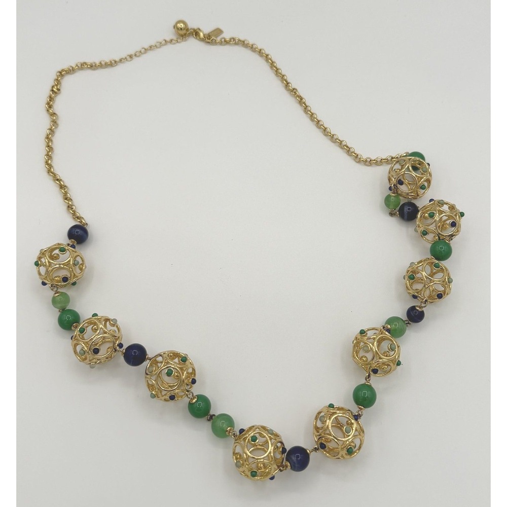 Kate Spade New York Gold Tone Filigree Sphere Station Necklace Green Blue Glass
